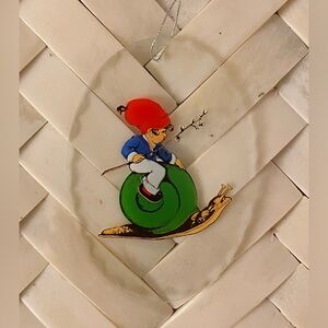 Boy Riding Snail Glass Ornament Sun Catcher Gnome Elf on Slug Carrying Branch